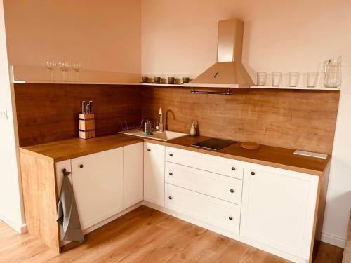 a kitchen with white cabinets and a sink at V ulicke in Kežmarok