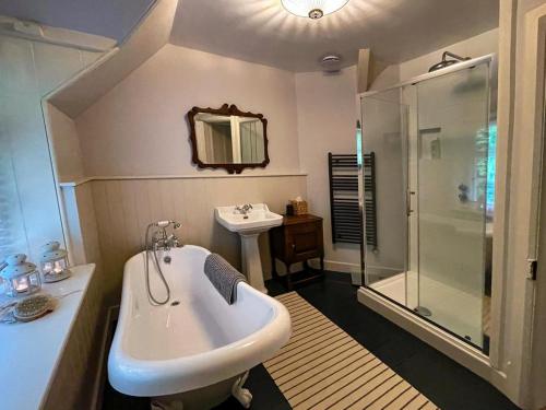 a bathroom with a tub and a sink and a shower at Fabulous Dartmoor House: Views, Turret, & Fire Pit in Lustleigh