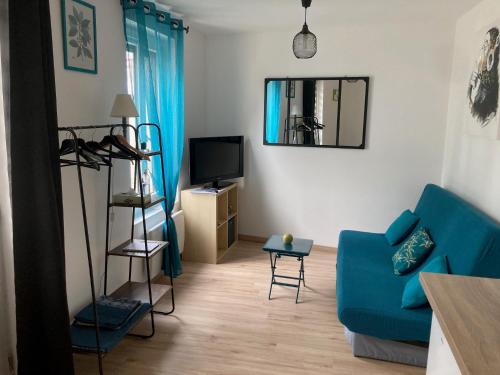 un salon avec un canapé bleu et une télévision dans l'établissement Studio coccoon proche beauval, à Contres