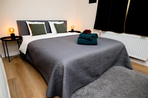 a bedroom with a large bed with a gray blanket at Luxury Rooms in Antwerp