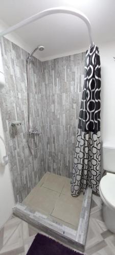 y baño con ducha y cortina de ducha. en Alojamiento Los hermanos en Ushuaia