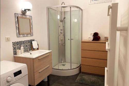ein Bad mit einer Dusche und einem Waschbecken in der Unterkunft Appartement confortable proche des commodités in Moncel-lès-Lunéville