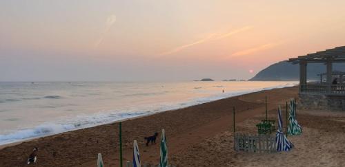 a beach with a group of flags and the ocean at Amplio piso en la playa de 135 m2 con garaje in Zarautz