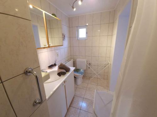 ein weißes Bad mit einem WC und einem Waschbecken in der Unterkunft Le refuge de la hoegne in Solwaster