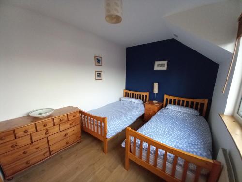 two twin beds in a bedroom with blue walls at The Curling Pond, Dalmally Road, Inveraray in Inveraray