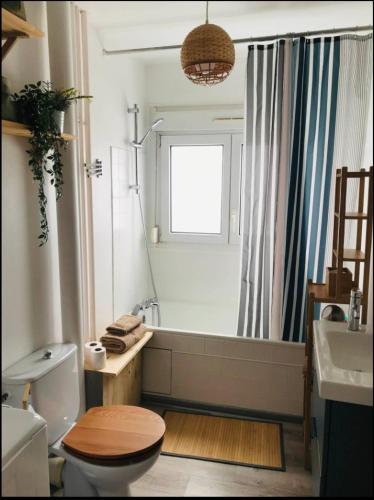 une salle de bain avec une baignoire, des toilettes et un lavabo dans l'établissement Charmant appartement lumineux à Reims, à Reims