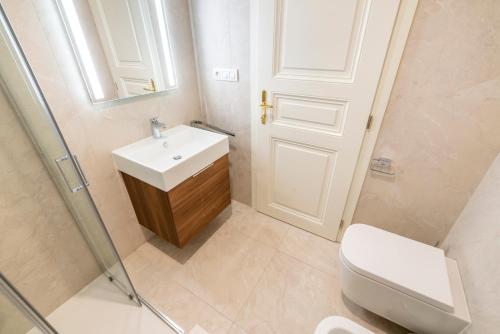 a bathroom with a sink and a toilet and a mirror at Petrin Tower Residence in Prague