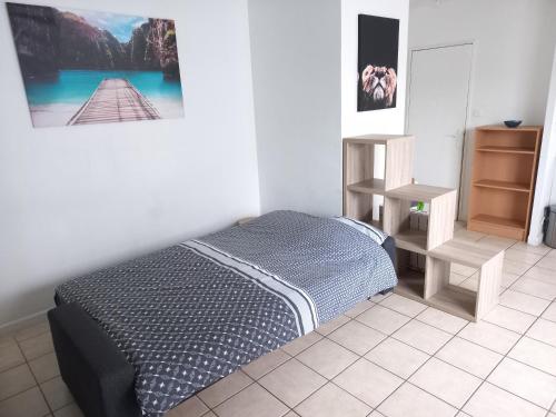 1 dormitorio con 1 cama y una foto en la pared en Studio Lumineux Saint-Étienne Bellevue, en Saint Etienne