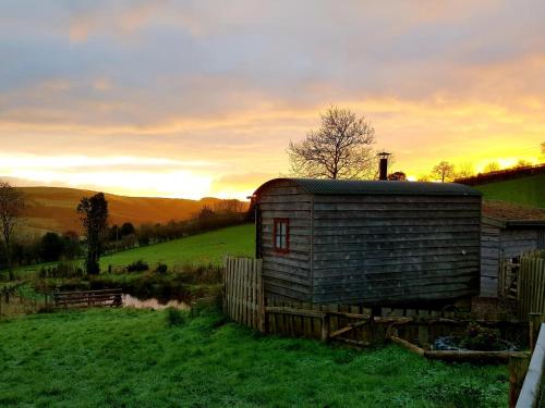 a barn in a field with a sunset in the background at Foxglove Accommodation in Craven Arms