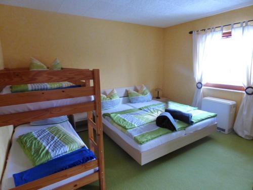 a bedroom with two bunk beds and a window at Adrett in Hermsdorf
