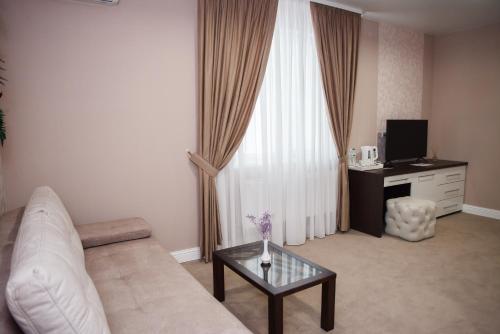 a living room with a couch and a coffee table at Hotel VinoGrad in Haysyn