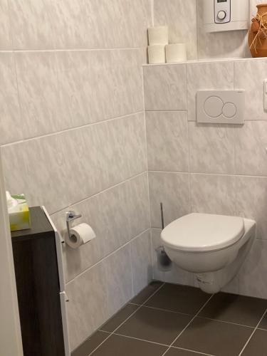a bathroom with a toilet and a toilet paper dispenser at Rezas Restaurant Gästehaus in Oberbillig