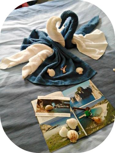 a towel with a swan on a bed with books at Aguadora in SantʼAntìoco