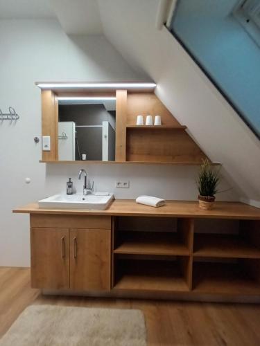 een badkamer met een wastafel en een spiegel bij Lebererhof Apartments - XL2 in Roßtal