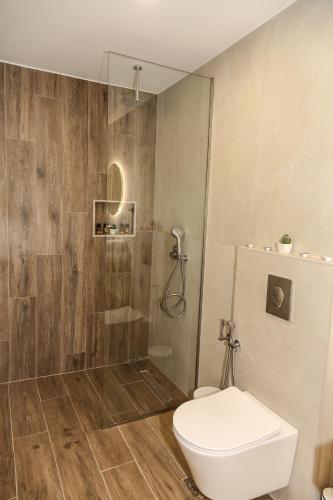 a bathroom with a shower and a toilet and a shower at Heaven Apartments in Agia Marina Nea Kydonias