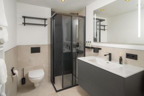 a bathroom with a shower and a sink and a toilet at Auhof - Apartments Bad Gastein in Bad Gastein