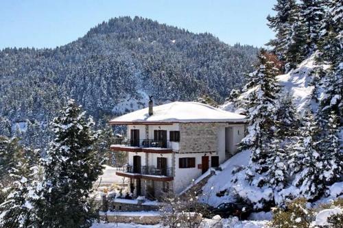 a house with a snow covered roof on a mountain at Xenonas Vasilikou in Valtessiniko