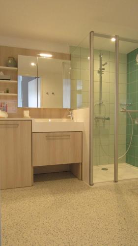 La salle de bains est pourvue d'une douche, d'un lavabo et d'une baignoire. dans l'établissement DOMITYS LES SALINES, à Cherbourg en Cotentin