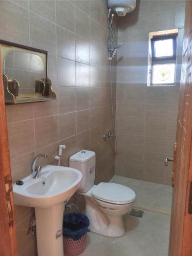 uma casa de banho com um WC e um lavatório em Jarash em Gérasa