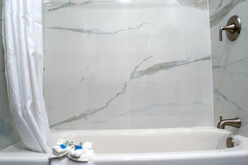 a bathroom with a shower and a white tub at Old Town Western Inn in San Diego