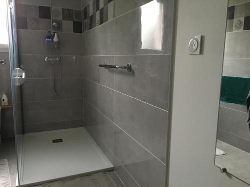 une douche avec une porte vitrée dans une salle de bain dans l'établissement Au Vieux Bourg, à Guécélard