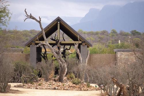 Kapama River Lodge في كامبا برايفت غاردن جيم ريسيرف: مبنى فيه شجرة امام جدار