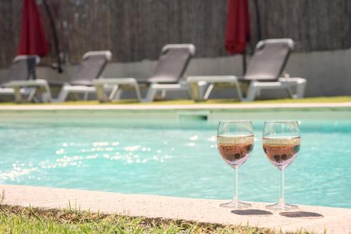 two glasses of wine sitting next to a swimming pool at Soko Hotels-Pont du Gard in Remoulins