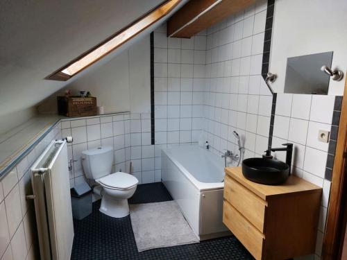 een badkamer met een toilet, een bad en een wastafel bij Appartement cosy à Chimay in Chimay