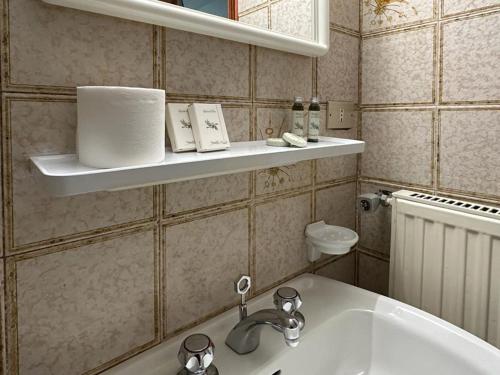 een badkamer met een wastafel en een plank met handdoeken bij Due Carrare Business in Due Carrare