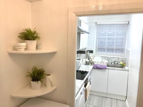 a kitchen with white appliances and plants on shelves at Park West Apartment in London
