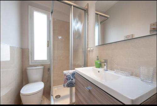 La salle de bains est pourvue de toilettes, d'un lavabo et d'une douche. dans l'établissement Appartamento Toscanella, à Florence