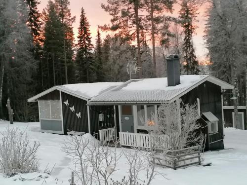une cabine dans la neige avec des arbres enneigés dans l'établissement Bispgården Paradis, 