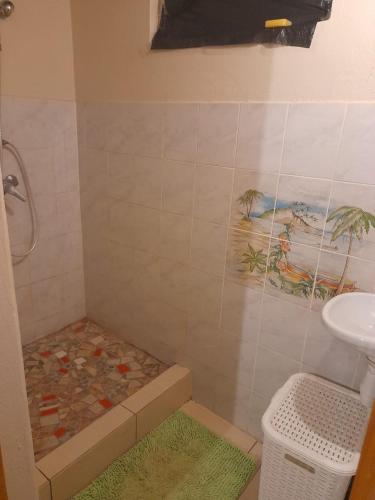a bathroom with a shower and a sink at Un petit coin de Paradis in Deshaies