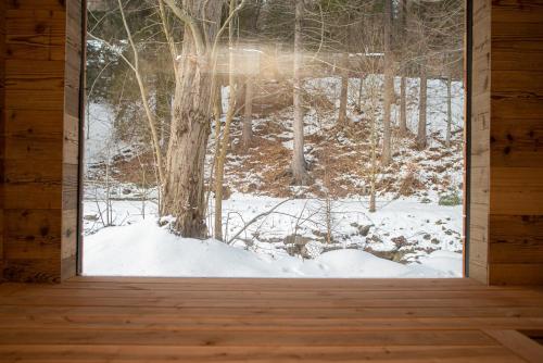 a window with a view of a snow covered forest at VagusBouda/ &Fogo in Loučná nad Desnou
