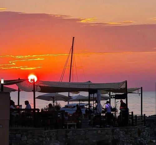 a group of people sitting at a bar at sunset at Hôtel de la jetée in Centuri