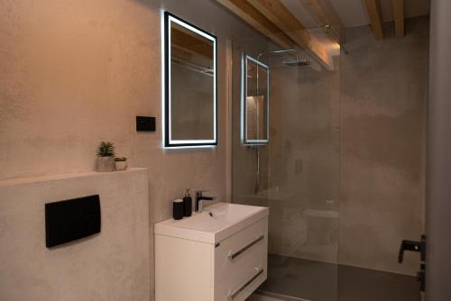 a bathroom with a white sink and a shower at VagusBouda/ &Fogo in Loučná nad Desnou