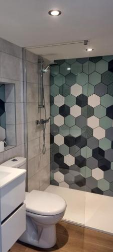 une salle de bain avec toilettes et douche en verre dans l'établissement Studio en plein coeur de Chanac, à Chanac