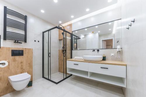 y baño con lavabo, aseo y espejo. en Pomorskie Apartamenty Monte Cassino 27 Deluxe en Sopot