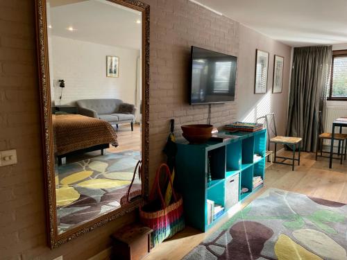 a living room with a mirror and a tv at In The Heart of Zandvoort in Zandvoort