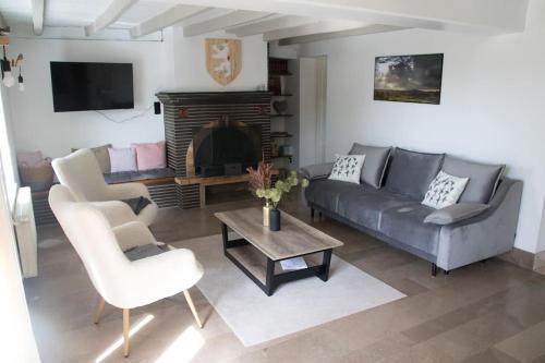 sala de estar con sofá y chimenea en Cottage chaleureux au cœur des Monts de Flandres, en Saint-Jans-Cappel