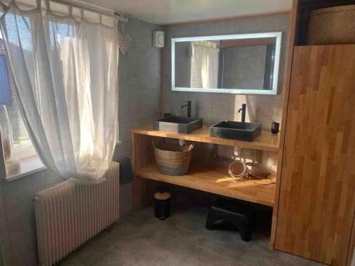 une salle de bain avec un lavabo et un miroir dans l'établissement Cottage chaleureux au cœur des Monts de Flandres, à Saint-Jans-Cappel