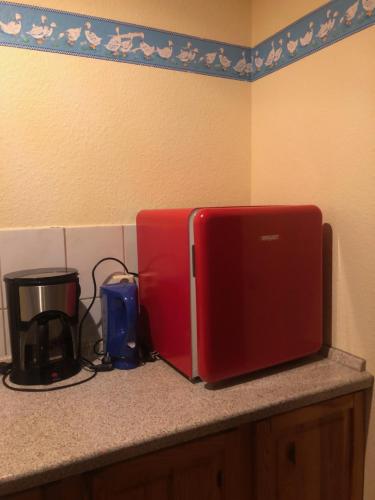 a kitchen counter with a red microwave and a toaster at Doppelzimmer vom Friesenhof Wieratal in Nobitz