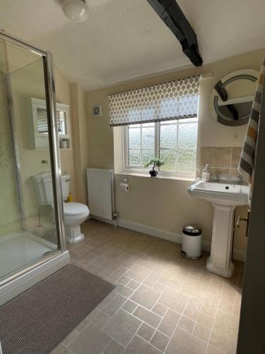 uma casa de banho com um chuveiro, um WC e um lavatório. em Beech View Cottage em Downham Market