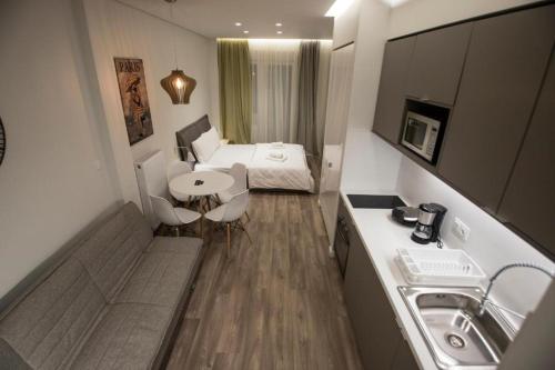 テッサロニキにあるOrnament Suites, Nilie Hospitality MGMTのベッド1台とシンク付きの小さな客室です。