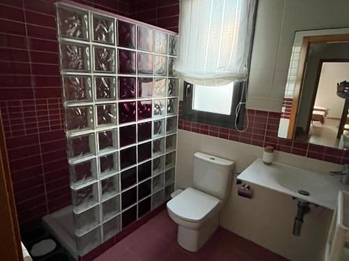 La salle de bains est pourvue de toilettes, d'un lavabo et d'un miroir. dans l'établissement ALCOSSEBRe VILLA DULCINEA 2023, à Alcossebre