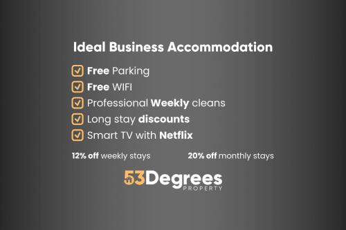 a screenshot of a text box with the words ideal business accommodation at Modern apartment in Crewe by 53 Degrees Property, ideal for long-term Business & Contractors - Sleeps 4 in Crewe