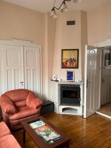 a living room with a couch and a fireplace at Albert Guest House in Ruse