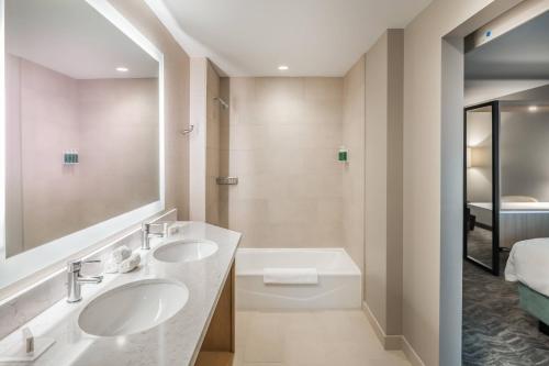 a bathroom with two sinks and a mirror at SpringHill Suites by Marriott Fort Worth Historic Stockyards in Fort Worth