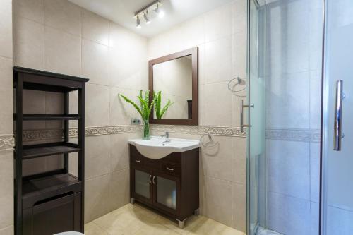 uma casa de banho com um lavatório e um chuveiro em MalagaSuite Carihuela Seaviews em Torremolinos
