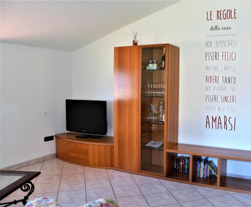 a living room with a television and a book shelf at A. F.antastic V.iew in Costa Volpino